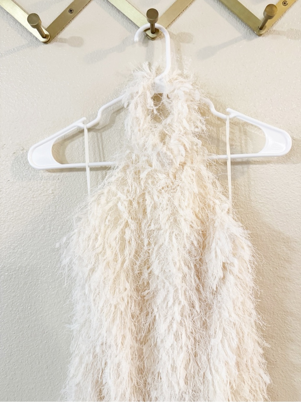 Zara Halter Feather Textured Shag Fringe White Ivory Mini Dress Size Medium - Picture 11 of 14